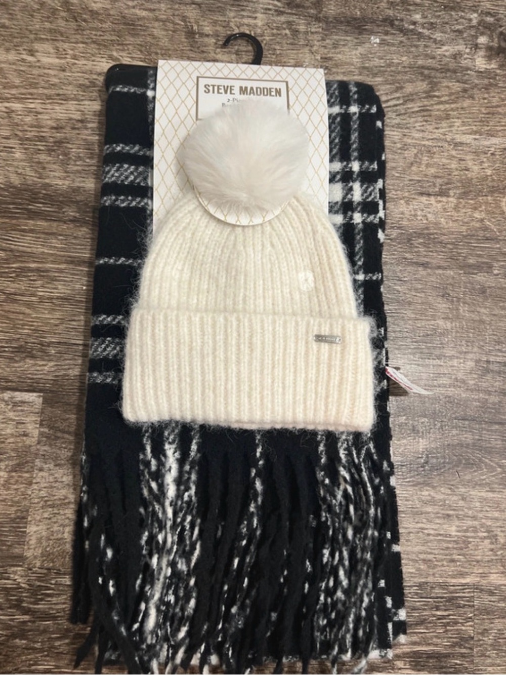 Steve Madden Ivory Ribbed Knit Beanie with Faux Fur Pom